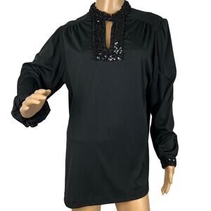 Vintage Teddi of California Black Blouse 80's Sequined Neck & Cuff Whismsygoth
